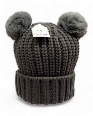 Grey knit hat with two pom poms