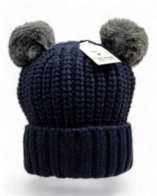 Blue knit hat with two pom poms