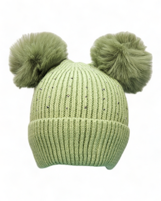 Green dual pom knit hat with rhinestones