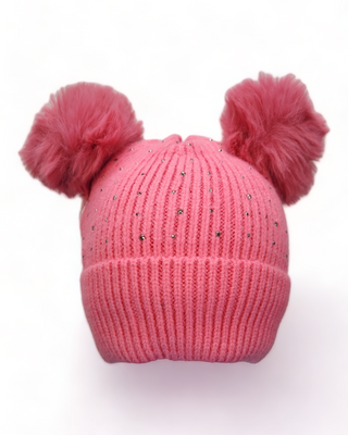 Pink dual pom knit hat with rhinestones