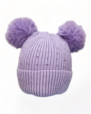 Purple dual pom knit hat with rhinestones