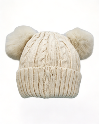 Beige cable knit hat with dual pom poms