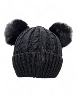 Black cable knit hat with dual pom poms