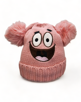Pink knit hat with two pom poms and a smiley face