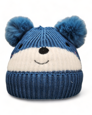 Blue and white embroidered bear face hat with two poms