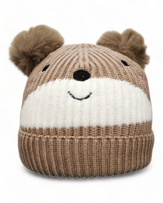 Brown and white embroidered bear face hat with two poms