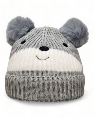 Grey and white embroidered bear face hat with two poms