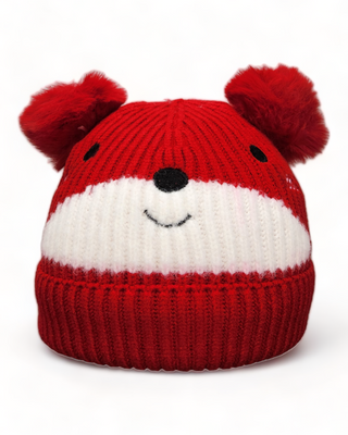 Red and white embroidered bear face hat with two poms