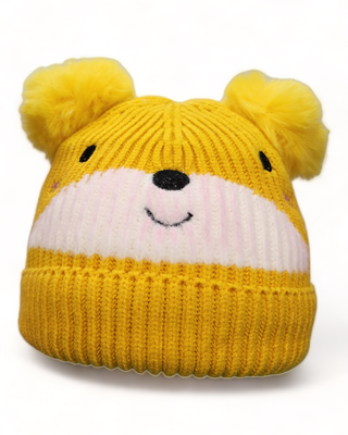 Yellow and white embroidered bear face hat with two poms