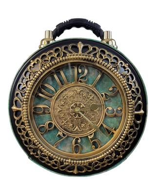 Green/Gold ornate circular shaped handbag/crossbody with working clock face