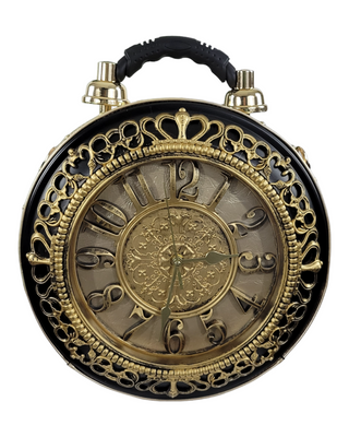 Gold/Black ornate circular shaped handbag/crossbody with working clock face