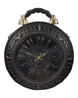 Black ornate circular shaped handbag/crossbody with working clock face