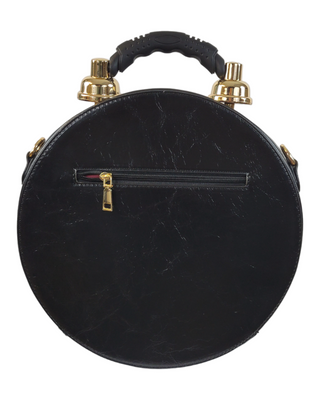 Black circular shaped handbag/crossbody back with zipper pocket