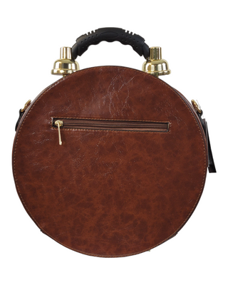 Brown circular shaped handbag/crossbody back with zipper pocket
