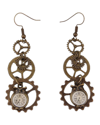 Drop earrings made from gears and a decorative owl clock