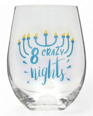 A clear stemless glass with a blue menorah design and the phrase "8 Crazy Nights" written in bold blue lettering, accented with yellow glowing candle flames.