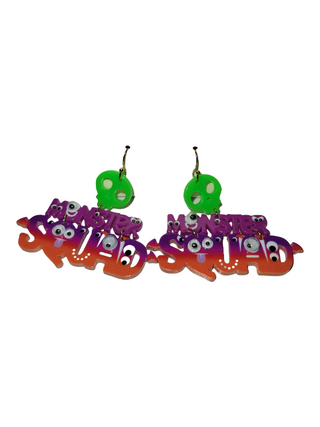 A pair of colorful "Monster Squad" earrings made from acetate, featuring a playful design with googly-eyed monsters in vibrant orange, purple, and green,