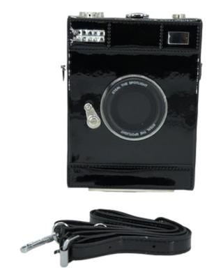 black camera shaped crossbody pocketbook