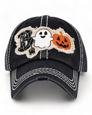 Black - Baseball Cap with patch and the word boo spelled out with a spider web, pumpkin, ghost