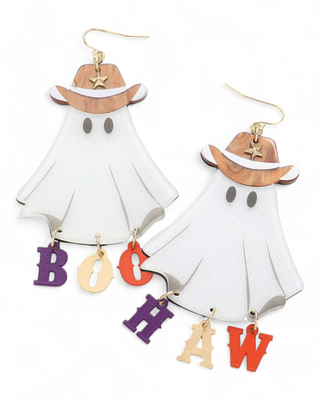 Whimsical earrings featuring white ghost figures wearing cowboy hats, each adorned with hanging letters spelling 'Boo Haw' in vibrant colors