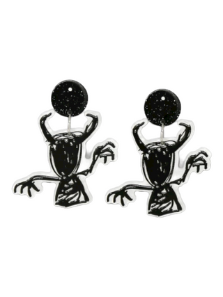 A pair of black, sparkling boogeyman earrings, featuring a whimsical design with the character raising its arms