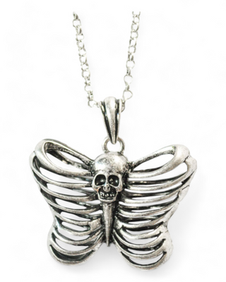 A butterfly skull pendant necklace featuring a detailed butterfly ribcage design with a skull at its center, on a silver chain.