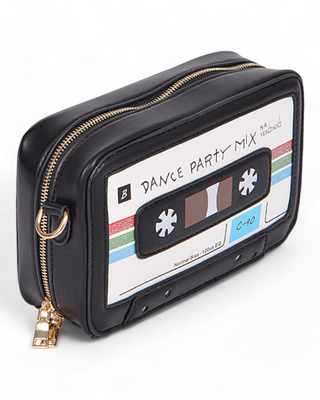 Black crossbody bag featuring a retro cassette tape design labeled 'Dance Party Mix' with a gold chain strap.