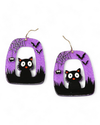 Purple Halloween earrings with black cat, bats, and spider web design.