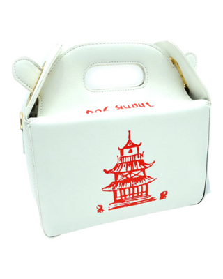 A white Chinese takeout box bag with a red pagoda print, playful handle details, and a detachable shoulder strap.