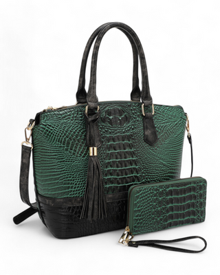 A croc-embossed satchel with matching wallet, featuring tassel detailing and a structured silhouette.