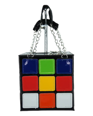 Colorful handbag shaped like a Rubik's Cube