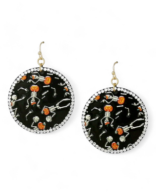 Round black earrings with dancing skeletons and rhinestone border