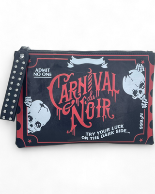  Black pouch with a carnival-themed graphic that reads "Carnival du Noir" with skull illustrations.