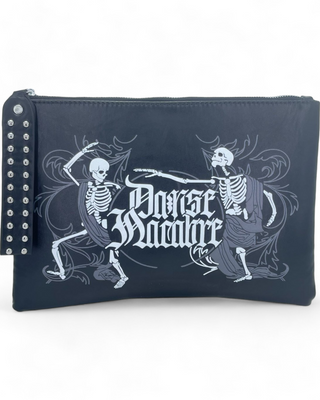 Black pouch featuring dancing skeletons and the text "Danse Macabre."