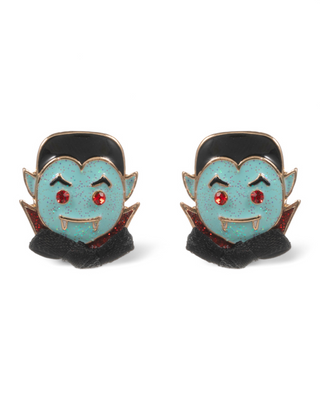 layful Dracula stud earrings in turquoise with red sparkling eyes, red wing details, and a black cape, 