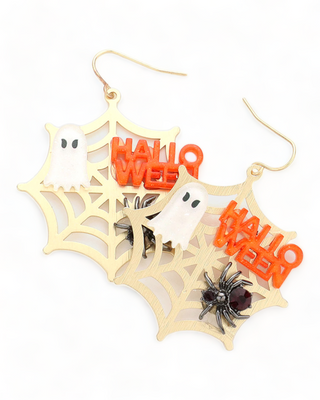 Gold-tone earrings depicting a spider web design, adorned with two white ghosts, two black spiders, and orange "Halloween" text elements