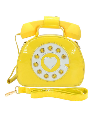 Yellow vinyl telephone shaped handbag/crossbody bag, side view