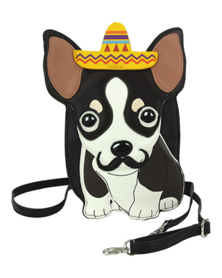 A whimsical crossbody bag designed to resemble a Chihuahua's face, complete with a colorful sombrero.