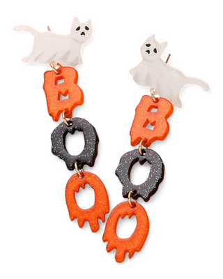 Whimsical ghost cat earrings with 'BOO' letter charms in vibrant orange and glittery black