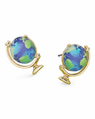 A pair of globe-shaped stud earrings with a blue and green Earth design, set in a gold-tone stand, resembling a miniature world globe.