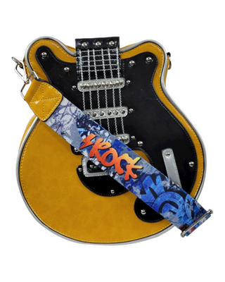 A yellow and black guitar-shaped handbag with a detailed front design featuring guitar strings, metallic accents, and studded embellishments. The bag includes a colorful, graffiti-style strap that reads "ROCK."