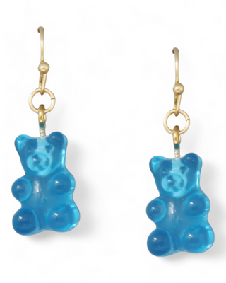 A pair of blue gummy bear earrings with gold hooks