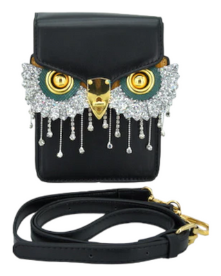 Black owl shaped crossbody bag with shiny décor
