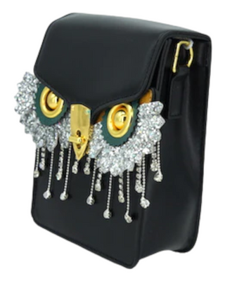 Black owl shaped crossbody bag with shiny décor, side view
