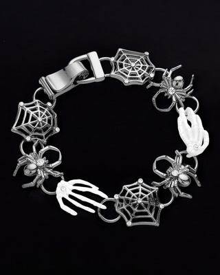 Silver Halloween bracelet featuring spider webs, spiders with rhinestone details, and white skeletal hand charms