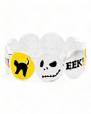 A charm bracelet featuring Halloween-themed icons such as a black cat on a yellow background, a white smiling skull, and a white circle with the word 'EEK!' in black, set in shiny metal bezels