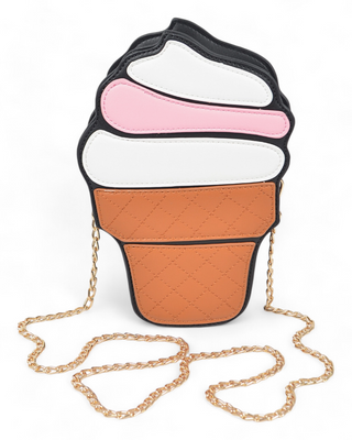 Ice cream cone-shaped crossbody bag with quilted cone detail and a gold chain strap.