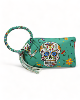 Teal clutch wristlet with Day of the Dead design