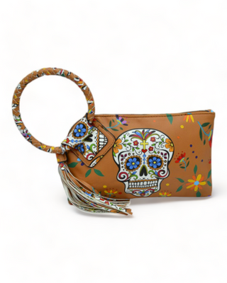 Tan clutch wristlet with Day of the Dead design