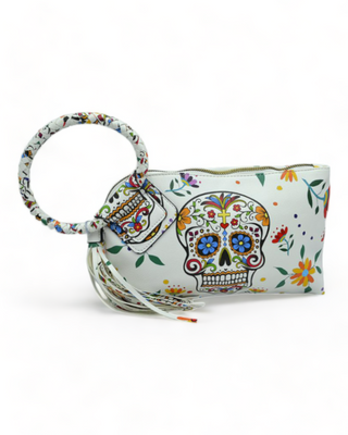 White Clutch wristlet with Day of the Dead design